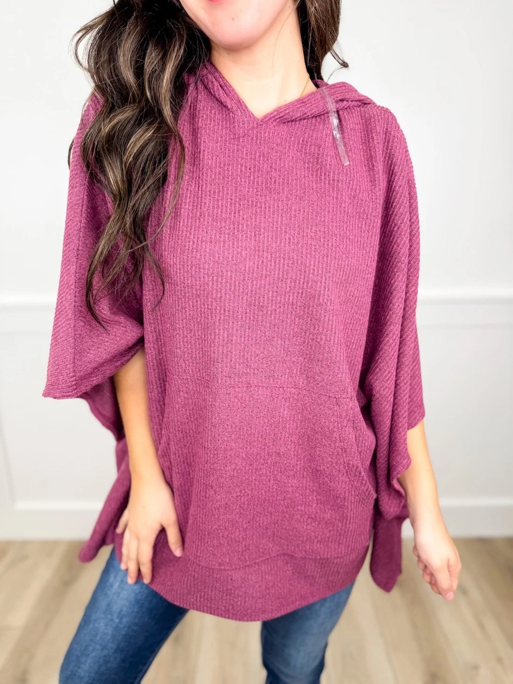 Dear Scarlett Ribbed Short Sleeve Hooded Poncho Top Plum Purple XL/2XL